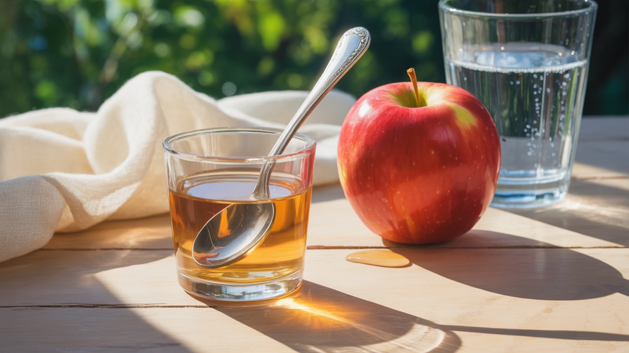 A spoon resting in a small glass of apple cider vinegar, with a fresh apple and water glass nearby—suggesting gentle dig