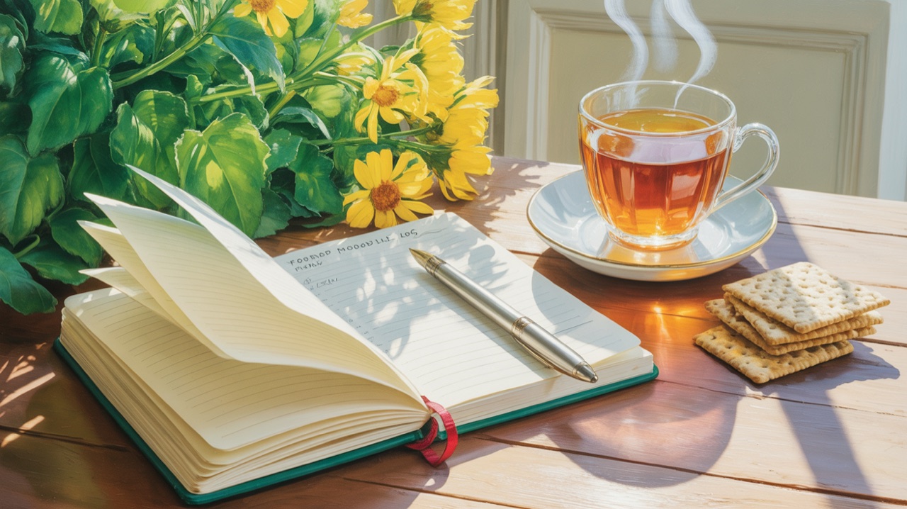 A notebook open to a food and mood log, with a pen, a cup of chamomile tea, and a few whole-grain crackers—representing