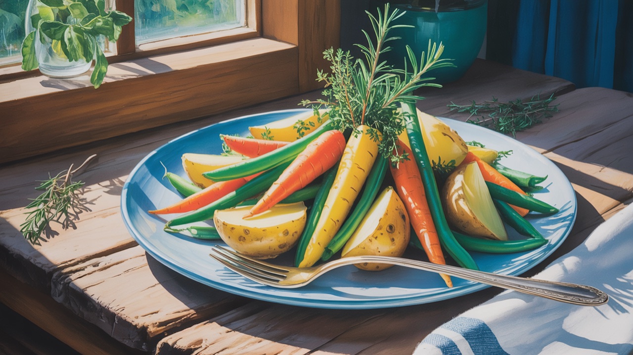 A plate with slow-cooked vegetables, herbs, and a fork resting on the rim—suggesting mindful, unhurried eating.
