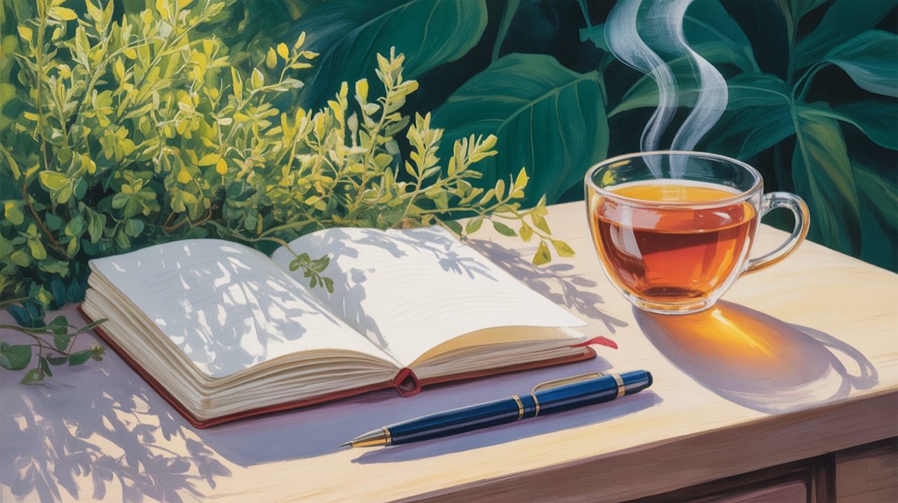 An open journal beside a cup of herbal tea, with a pen, suggesting reflection and mood-tracking.