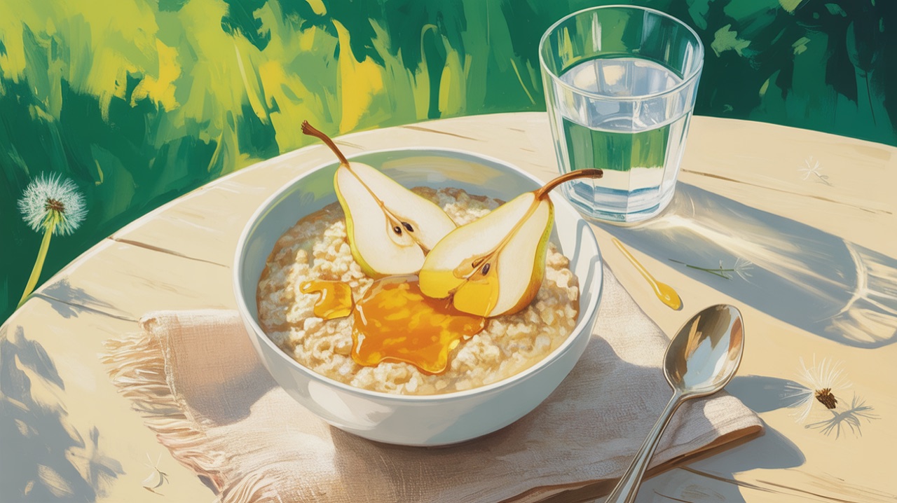 A white ceramic bowl filled with oatmeal topped with sliced pear and a drizzle of honey, beside a glass of water and a s