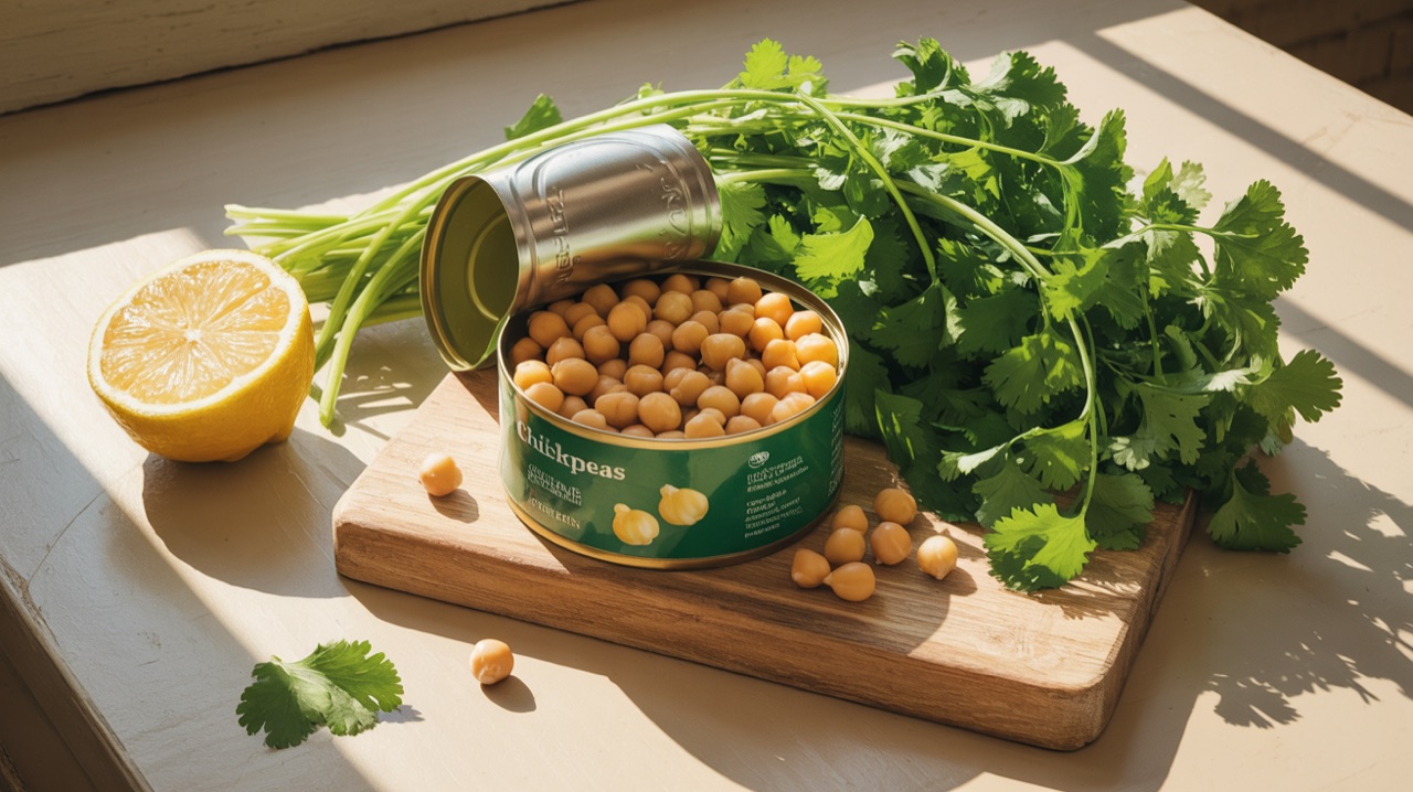 An open tin of chickpeas, a bunch of fresh cilantro, a lemon cut in half, and a wooden cutting board with scattered seed