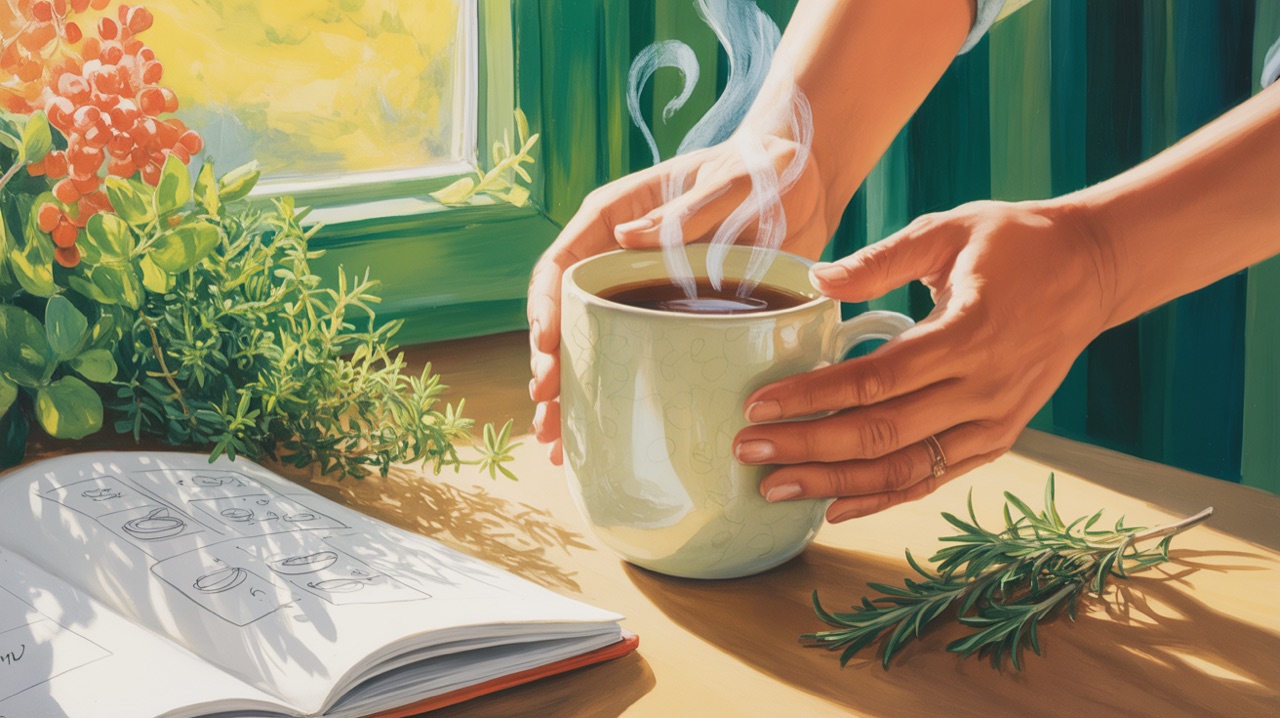 A close-up of hands holding a warm mug, steam rising, with a notebook open nearby showing meal times and notes—suggestin
