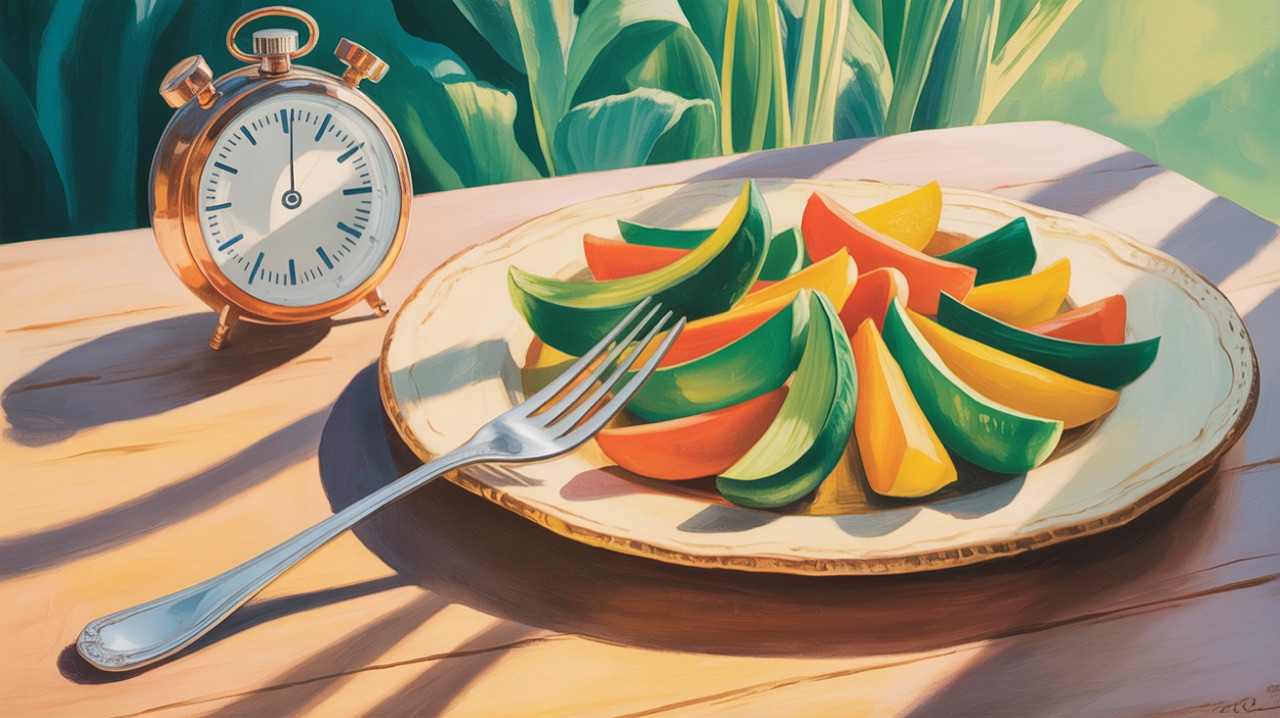A plate with smaller portions of cooked vegetables, a fork, and a timer—visual metaphor for slowing down and chewing del