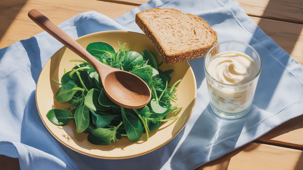 A wooden spoon resting on a plate with cooked leafy greens, a slice of whole-grain bread, and a small glass of probiotic