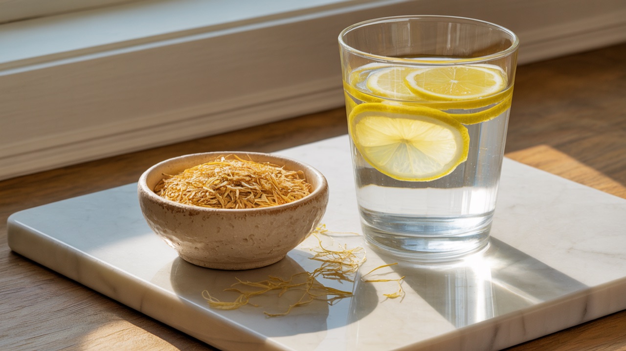 A clear glass of water with lemon slices, a small bowl of psyllium husk, and dried herbs (fennel, ginger) scattered on a