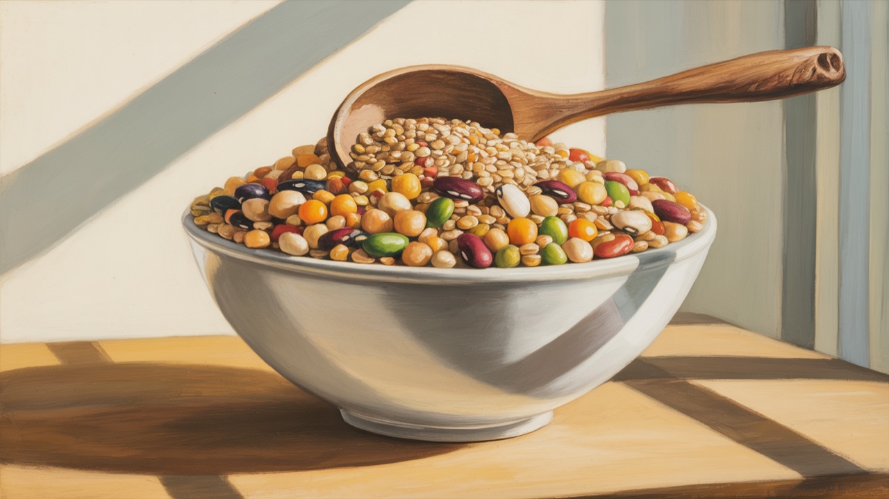 A white ceramic bowl filled with mixed legumes (lentils, chickpeas, beans) and whole grains, with a wooden spoon resting