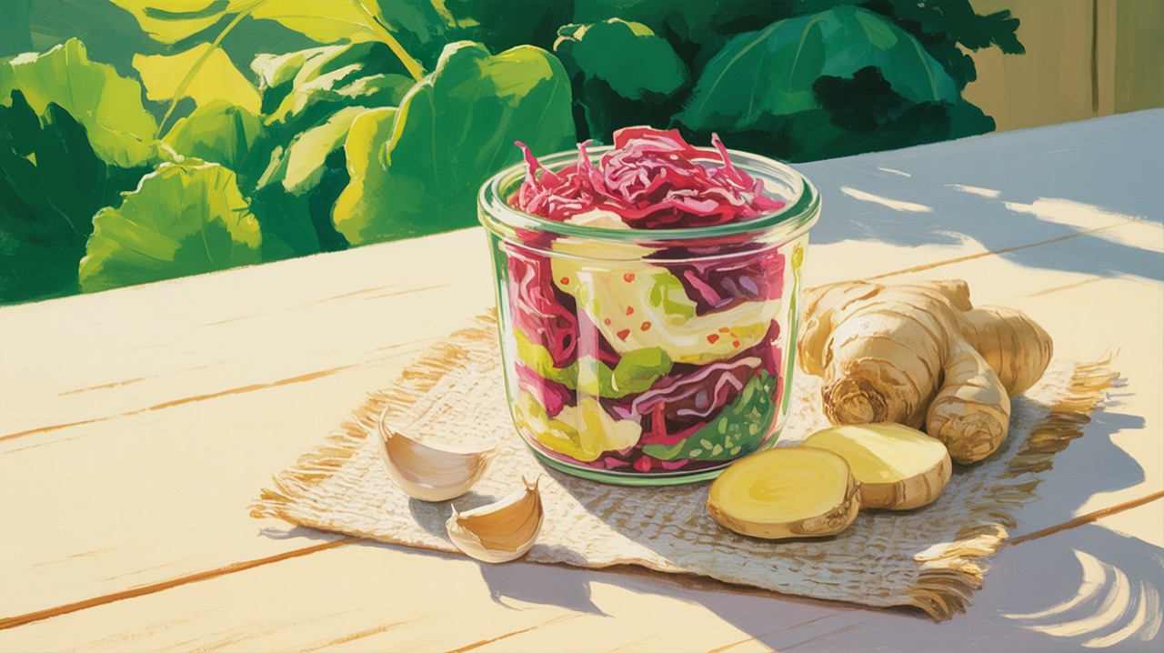 A small glass jar of fermented vegetables (sauerkraut or kimchi) with visible bubbles, next to fresh garlic and ginger o
