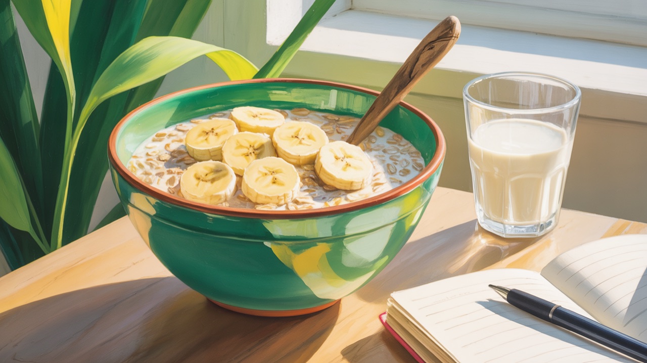 A ceramic bowl filled with cooked oats and banana slices, a wooden spoon resting inside, beside a small glass of almond
