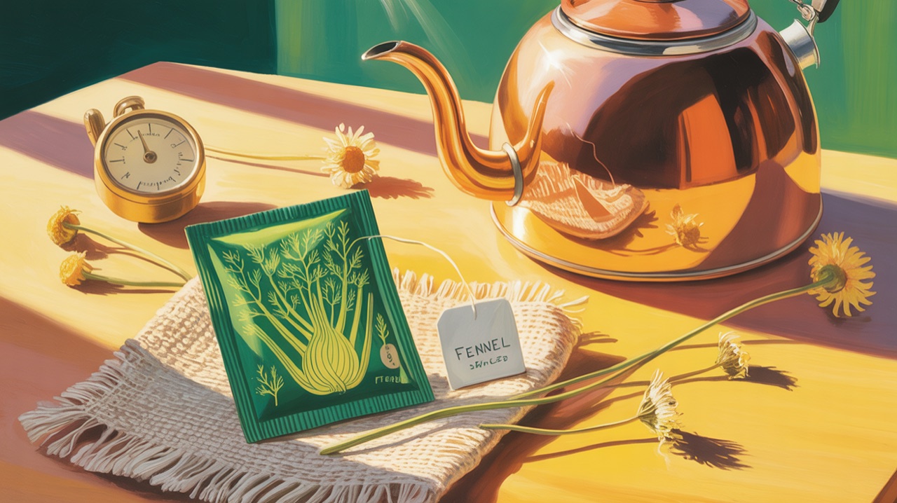 A flat lay of a herbal tea bag (fennel or peppermint), a hot water kettle, and a small timer on a linen napkin—the quiet