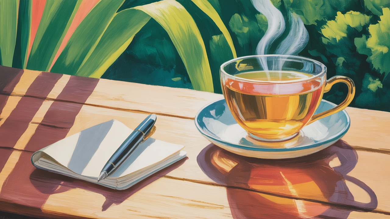 A teacup of ginger tea steaming gently, beside a small notebook with a pen—representing tracking and self-observation