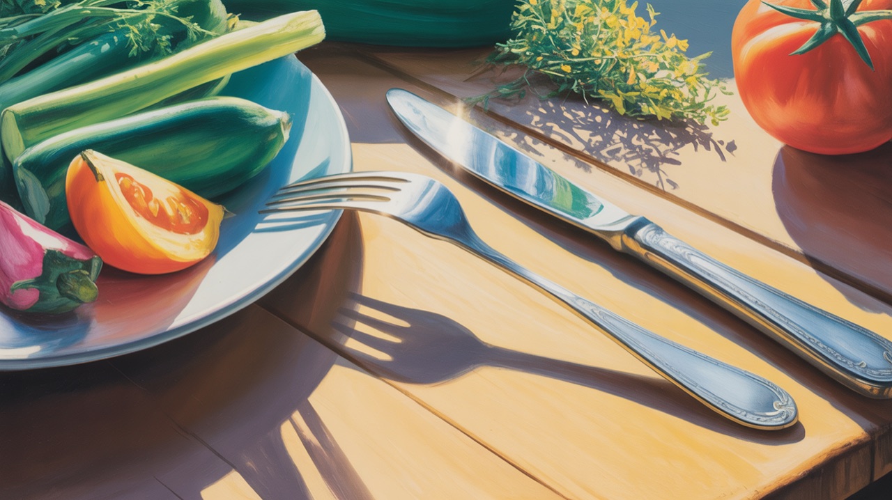 A fork and knife placed slowly beside a half-eaten plate of vegetables, with a clock showing 20 minutes—representing min
